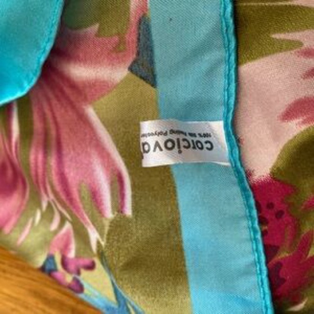 Floral Satin Square Scarf in Turquoise and Gold - Picture 5 of 5